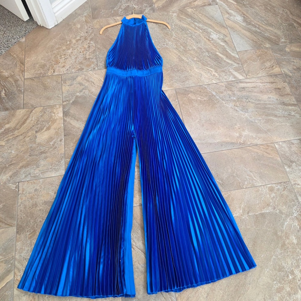 L'IDÉE Woman Renaissance Halter Pleated Jumpsuit Electric Blue Wide Leg Size 8